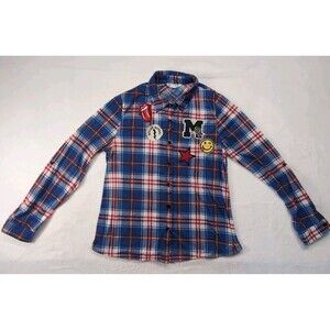 Flannel Blue Rocker Long Sleeve Shirt Patches IT Girl Medium Light Shirt